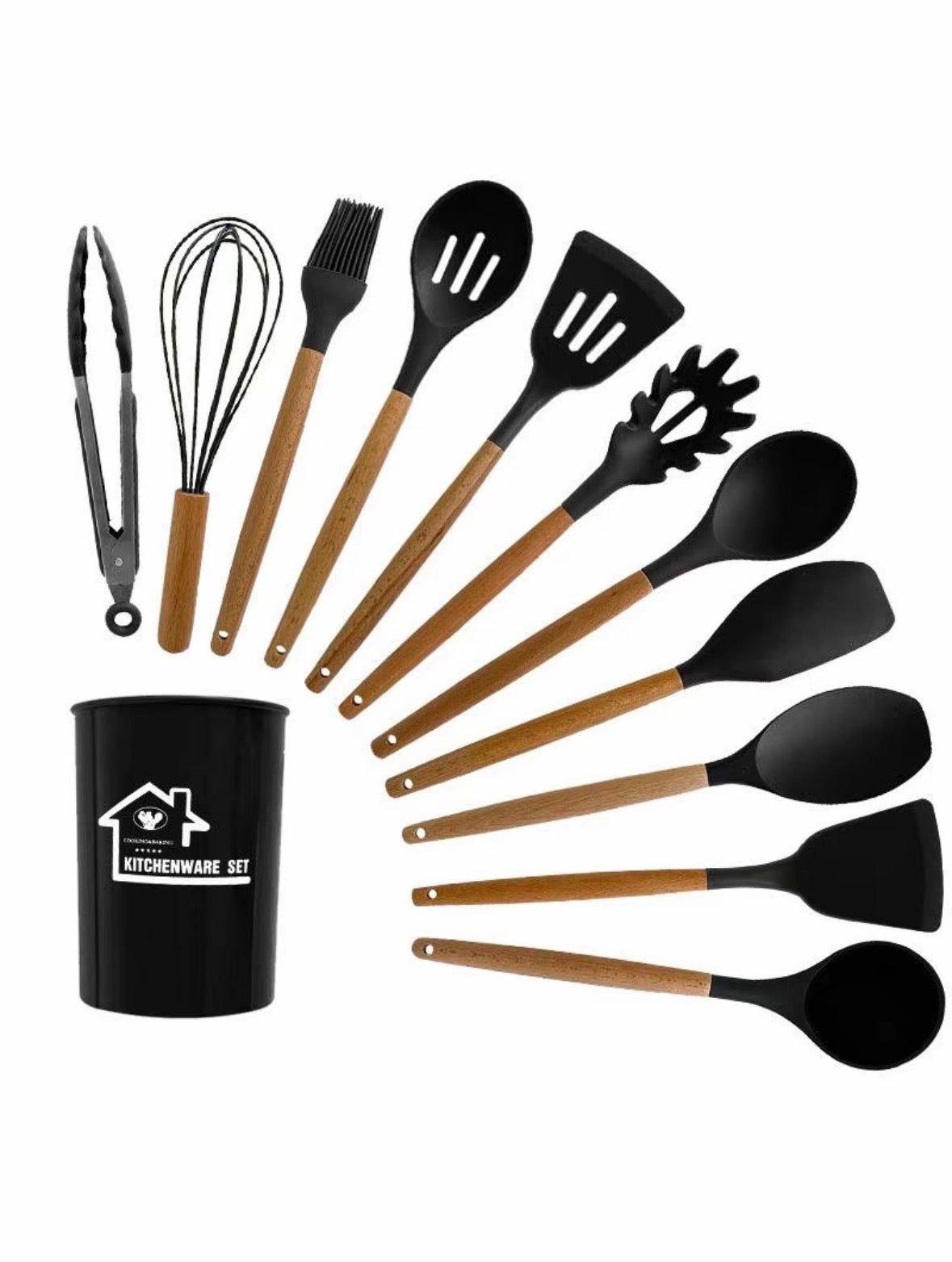 Set di utensili da cucina in silicone, utensili da cucina con manico in legno antiaderente, set di mestoli resistenti al calore, 11 pezzi.