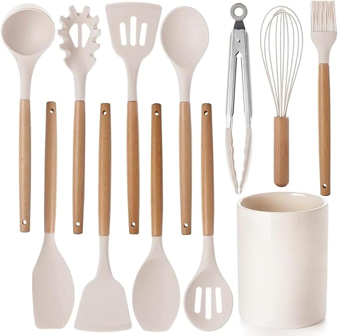 Set di utensili da cucina in silicone, utensili da cucina con manico in legno antiaderente, set di mestoli resistenti al calore, 11 pezzi.