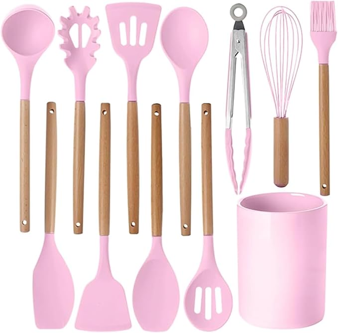 Set di utensili da cucina in silicone, utensili da cucina con manico in legno antiaderente, set di mestoli resistenti al calore, 11 pezzi.