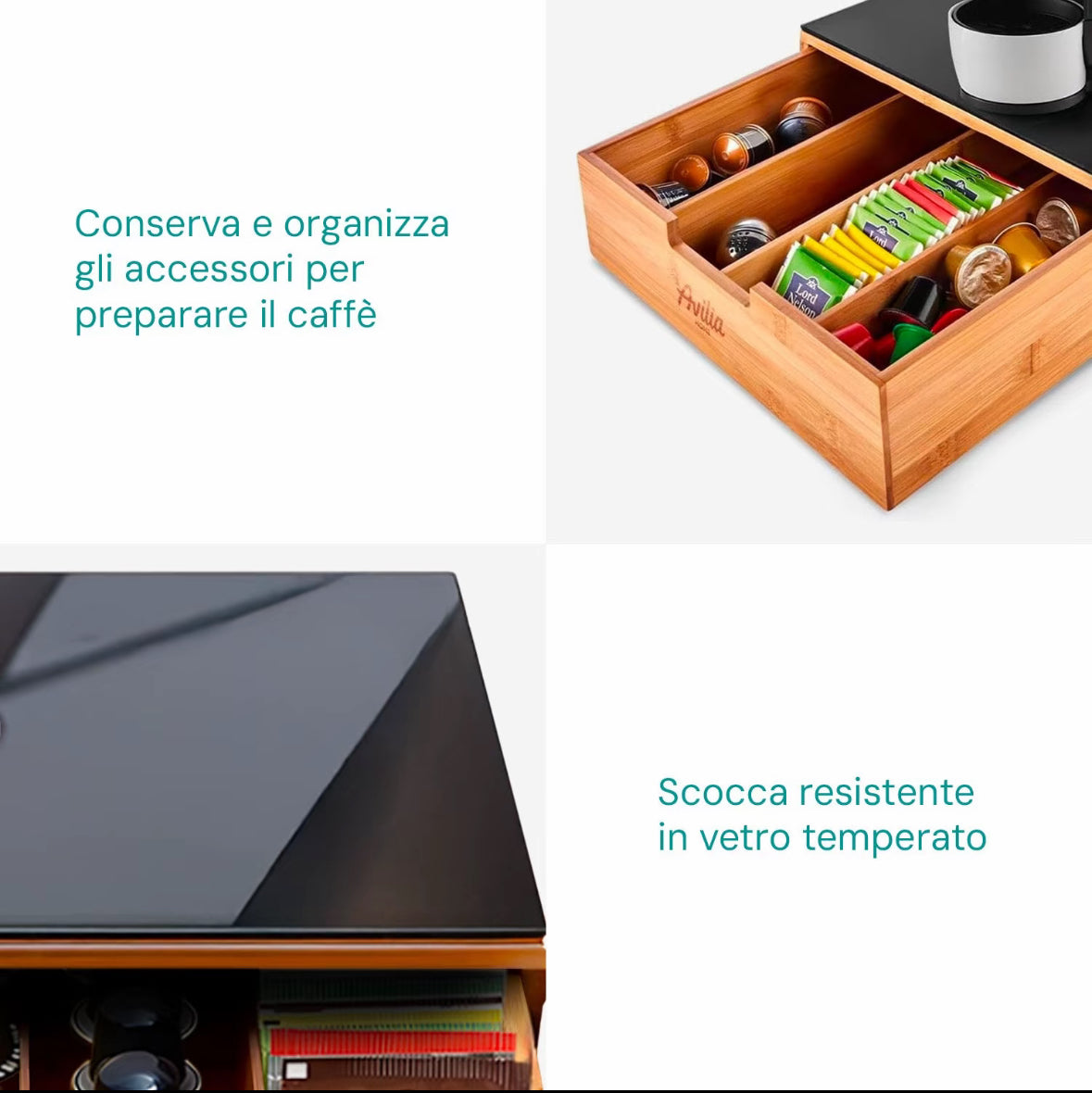 Cassetto Porta Capsule Cialde In Bambù Con
Ripiano In Vetro