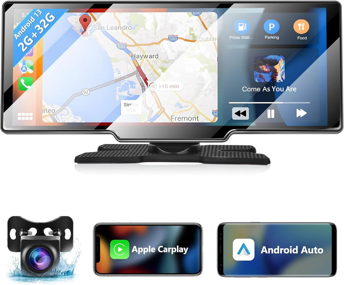 Autoradio Wireless Apple Carplay & Android Auto Tocuchscreen 10,26 Pollici Portatile ,7-32V Monitor con A-pple Airplay/Assistente Vocale/Bluetooth/Trasmettitore FM/AUX/TF Card