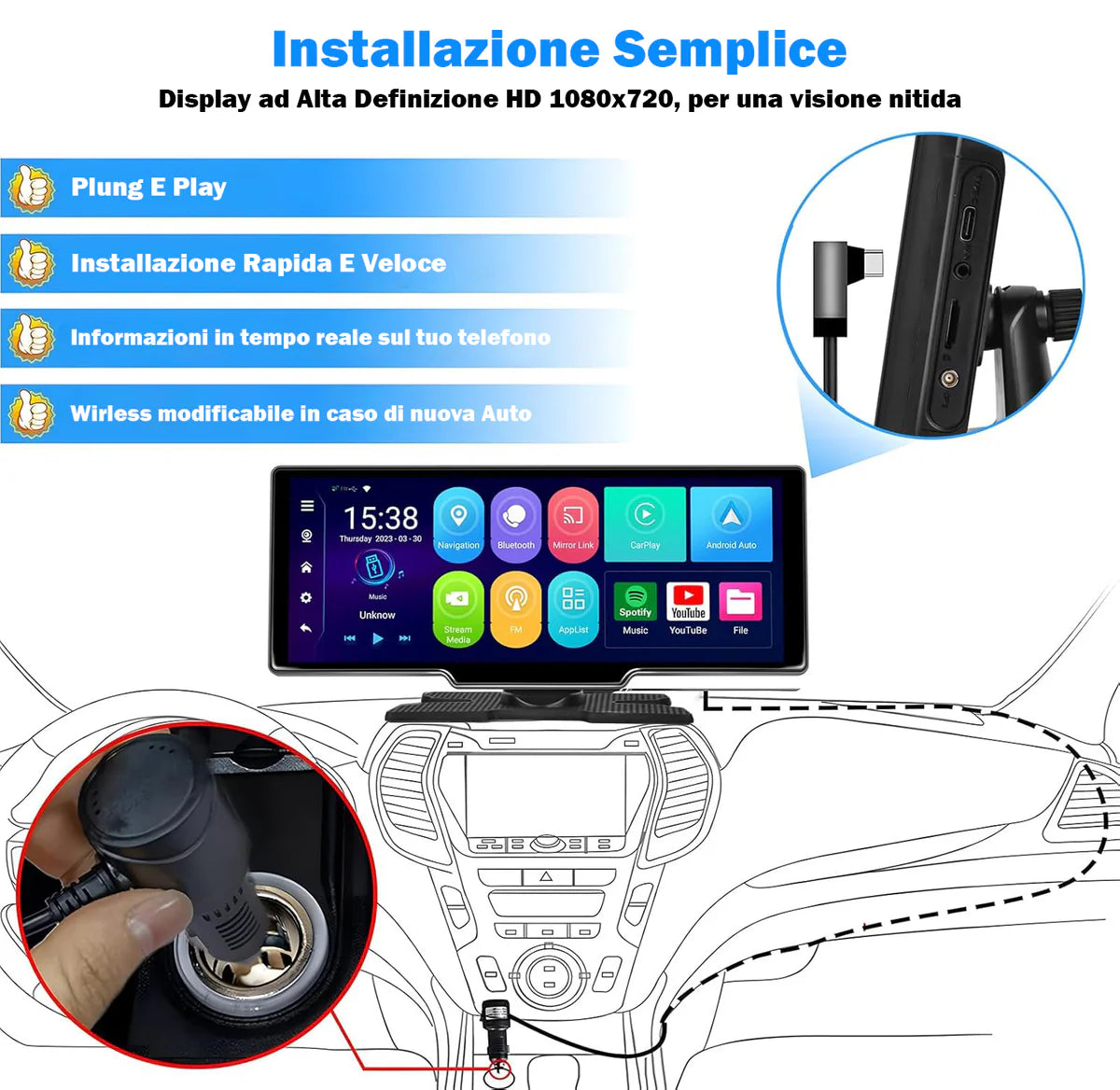 Autoradio Wireless Apple Carplay & Android Auto Tocuchscreen 10,26 Pollici Portatile ,7-32V Monitor con A-pple Airplay/Assistente Vocale/Bluetooth/Trasmettitore FM/AUX/TF Card