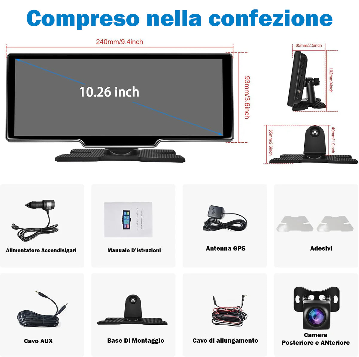 Autoradio Wireless Apple Carplay & Android Auto Tocuchscreen 10,26 Pollici Portatile ,7-32V Monitor con A-pple Airplay/Assistente Vocale/Bluetooth/Trasmettitore FM/AUX/TF Card