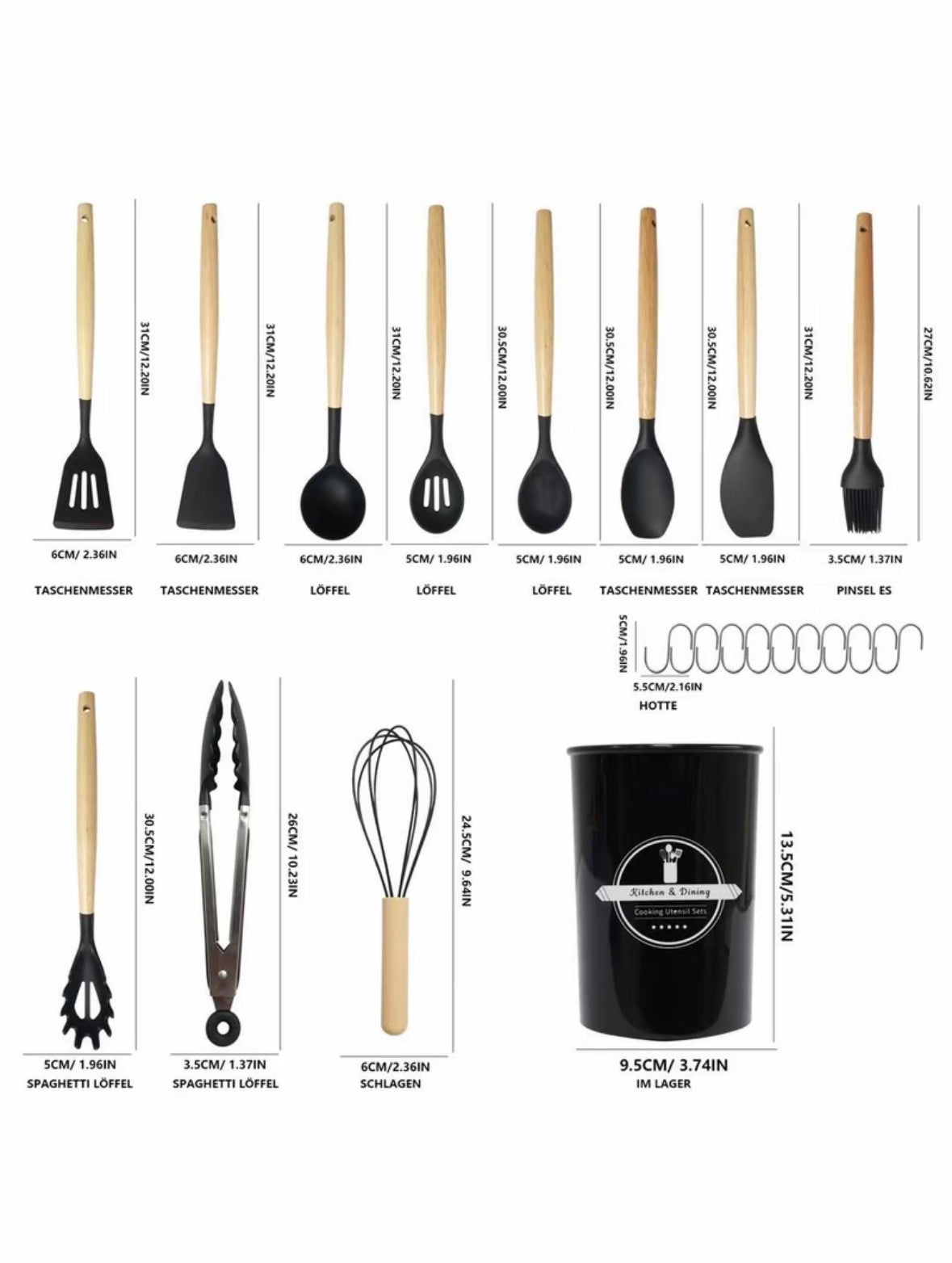 Set di utensili da cucina in silicone, utensili da cucina con manico in legno antiaderente, set di mestoli resistenti al calore, 11 pezzi.