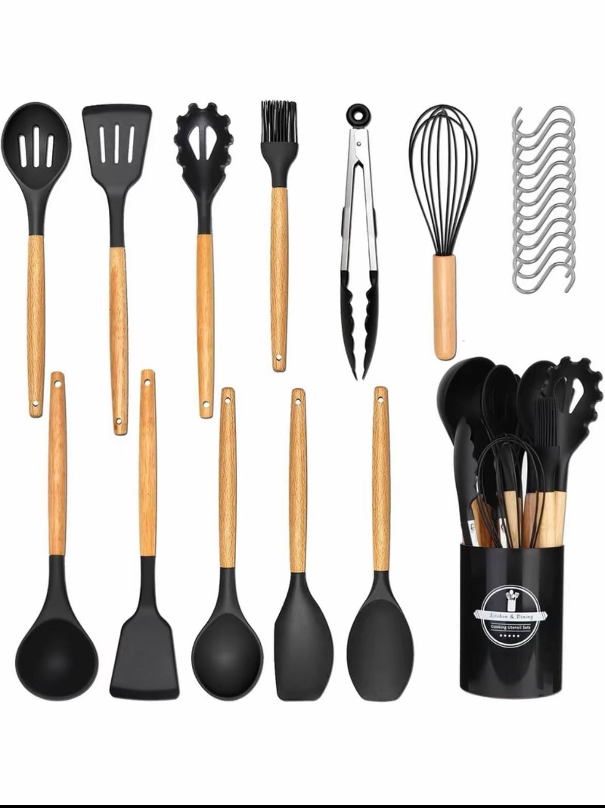 Set di utensili da cucina in silicone, utensili da cucina con manico in legno antiaderente, set di mestoli resistenti al calore, 11 pezzi.